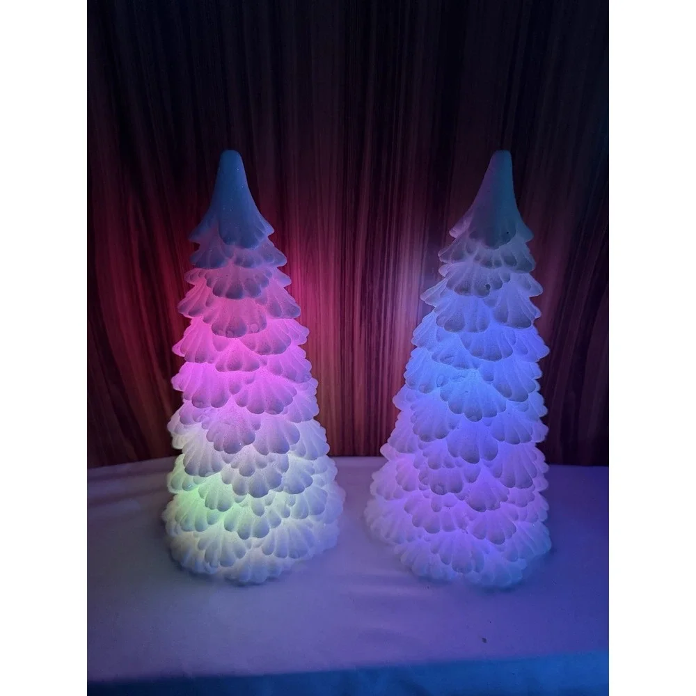 Set of 2 Lighted Color Changing LED Christmas Trees Glitter White Battery Operat